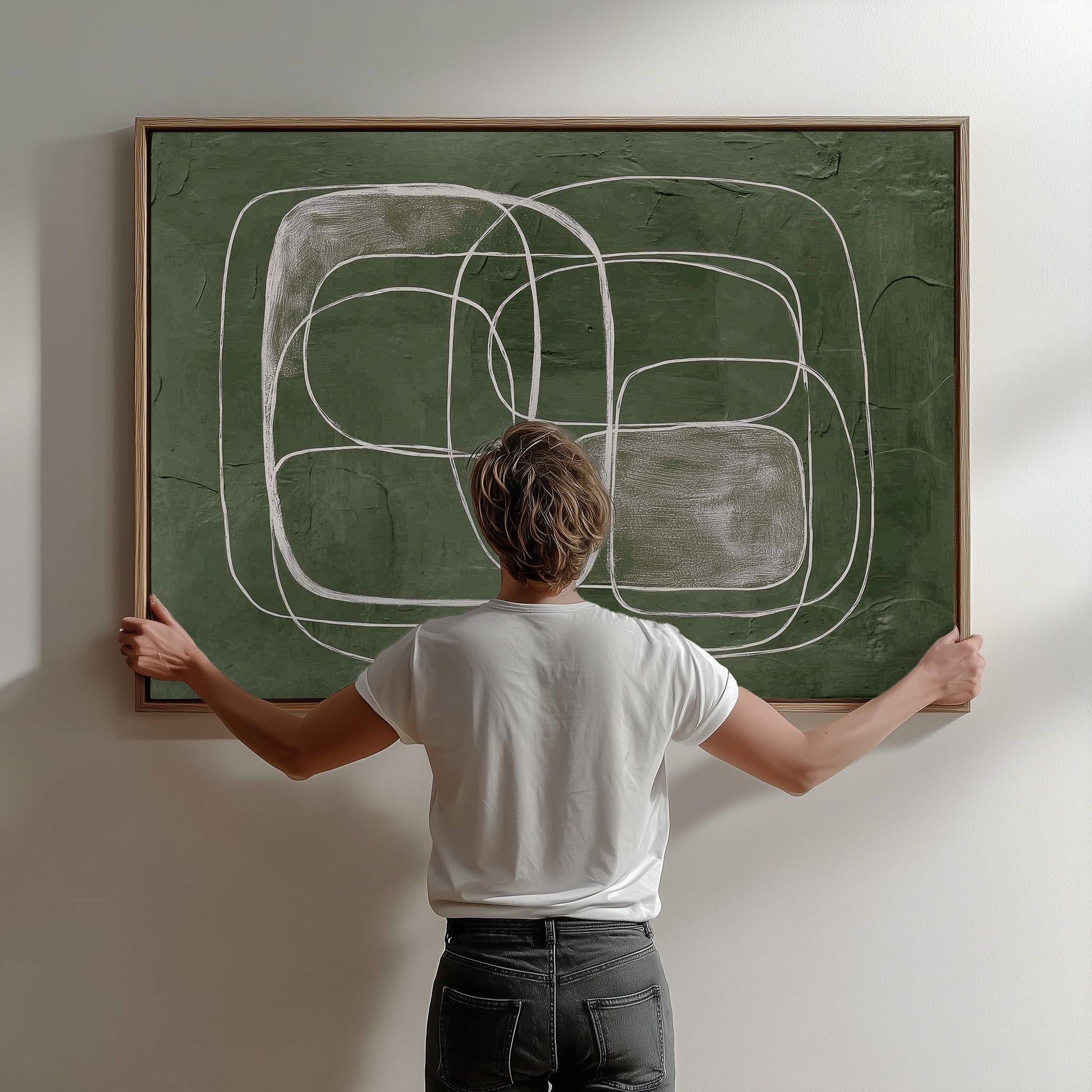 Green Abstract Line Giclée Canvas Print Textured Minimal Wall Art for Living Room or Office Decor