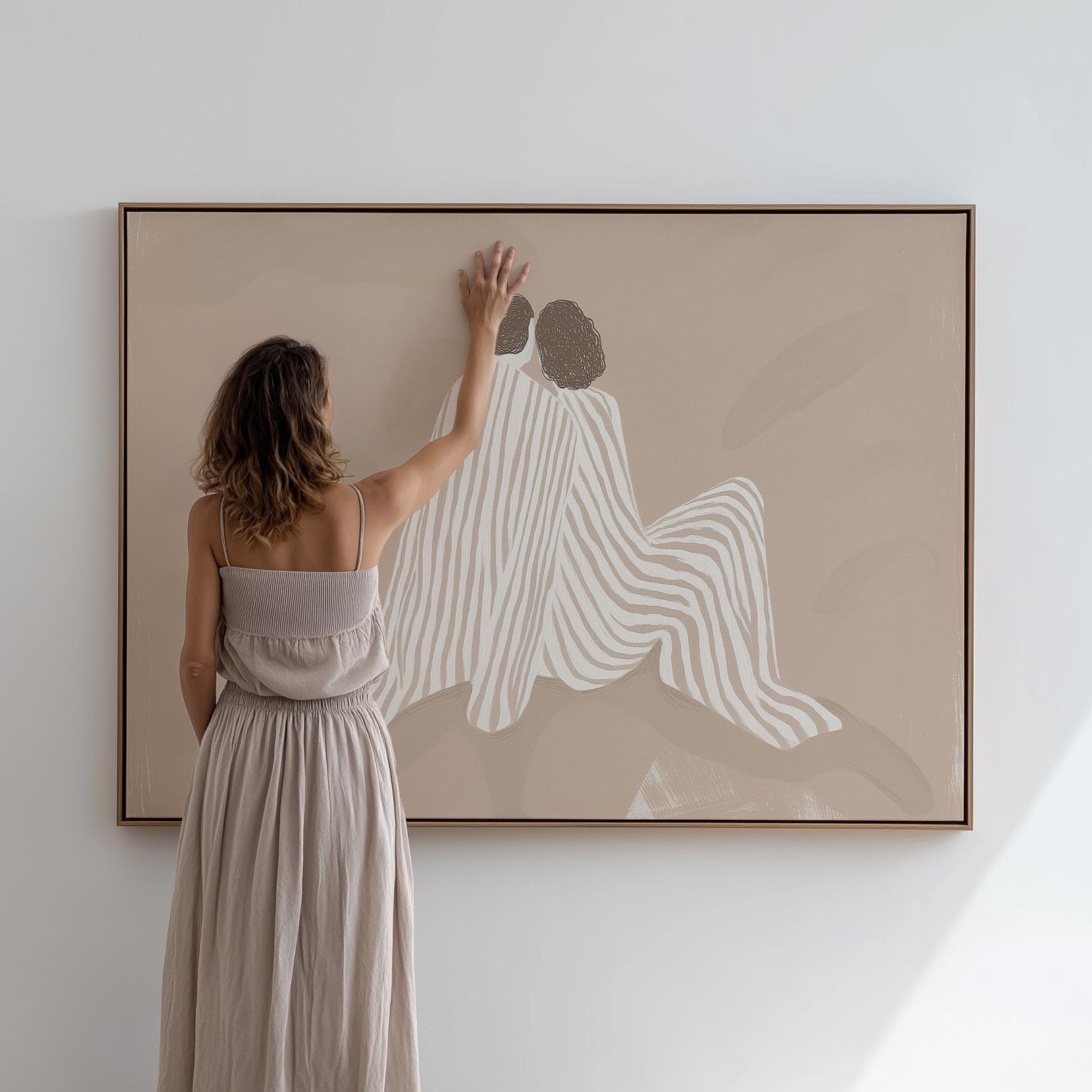 Giclée Canvas Print Beige Couple Embrace Line Art Minimalist Neutral Wall Decor for Bedroom or Living Room Modern Abstract Romance