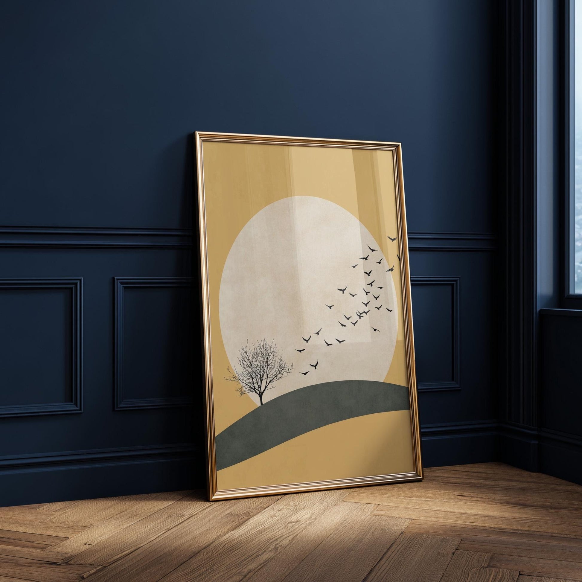 Yellow Sun Japandi Art Print, Flying Birds Wall Art, Abstract Art, Living Room Decor, Large, Japanese Wall Art, Flock, Bedroom Decor