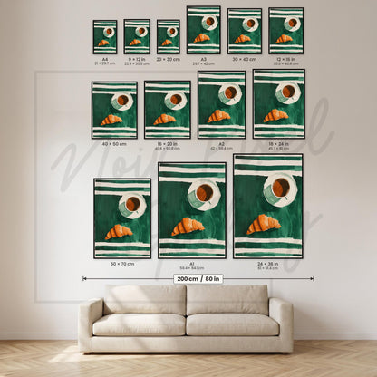Coffee and Croissant Poster - Cozy Kitchen Wall Art With Emerald Green Stripes