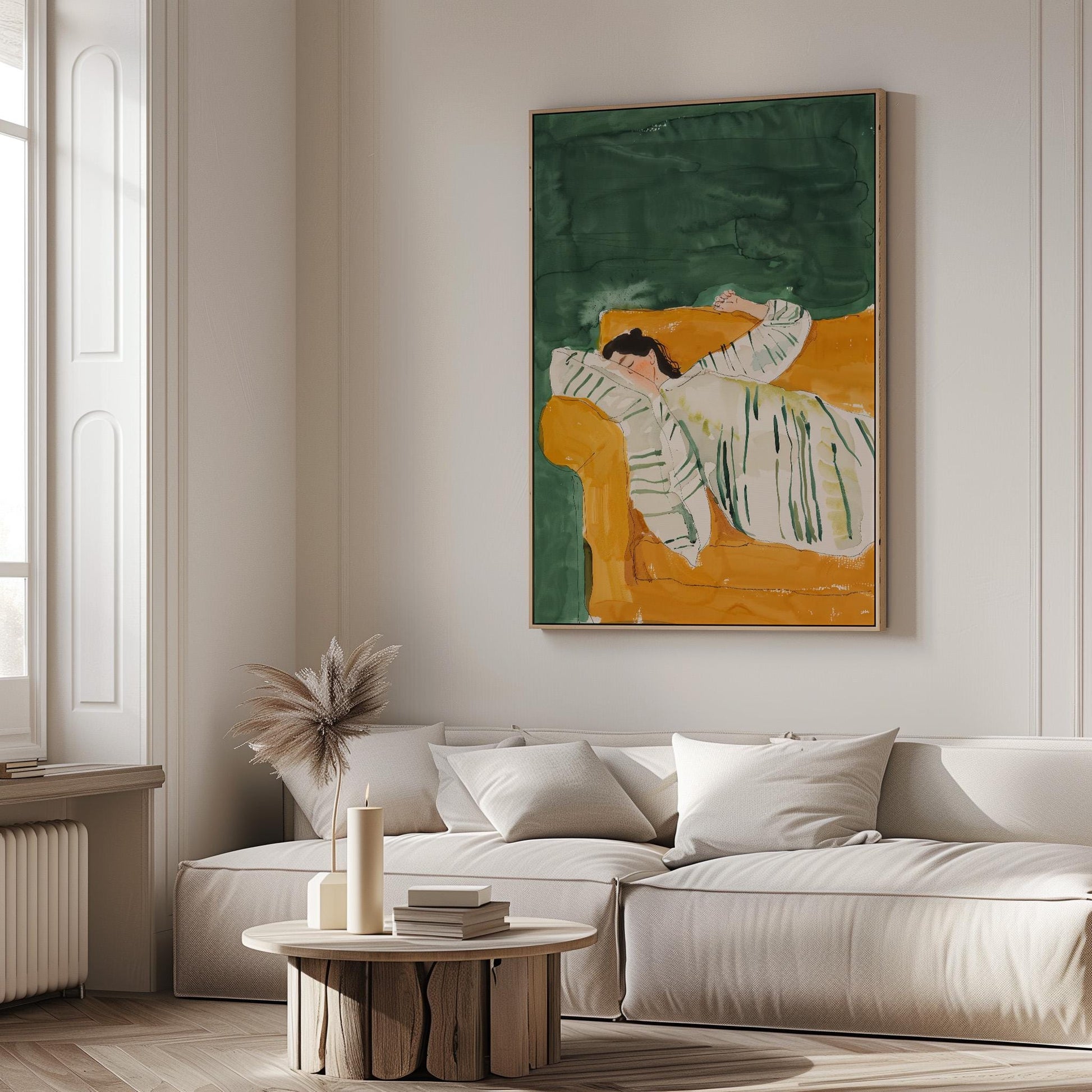 Green and Yellow Figurative Canvas Wall Art with Floating Frame Relaxing Modern Painting for Living Room Decor