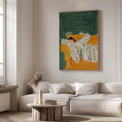 Green and Yellow Figurative Canvas Wall Art with Floating Frame Relaxing Modern Painting for Living Room Decor