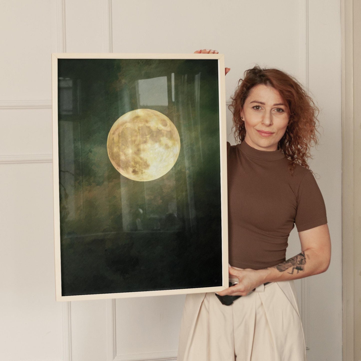 Emerald Green Moon Art | Minimalist Wall Art with Golden Circle Print - Gallery Style Canvas