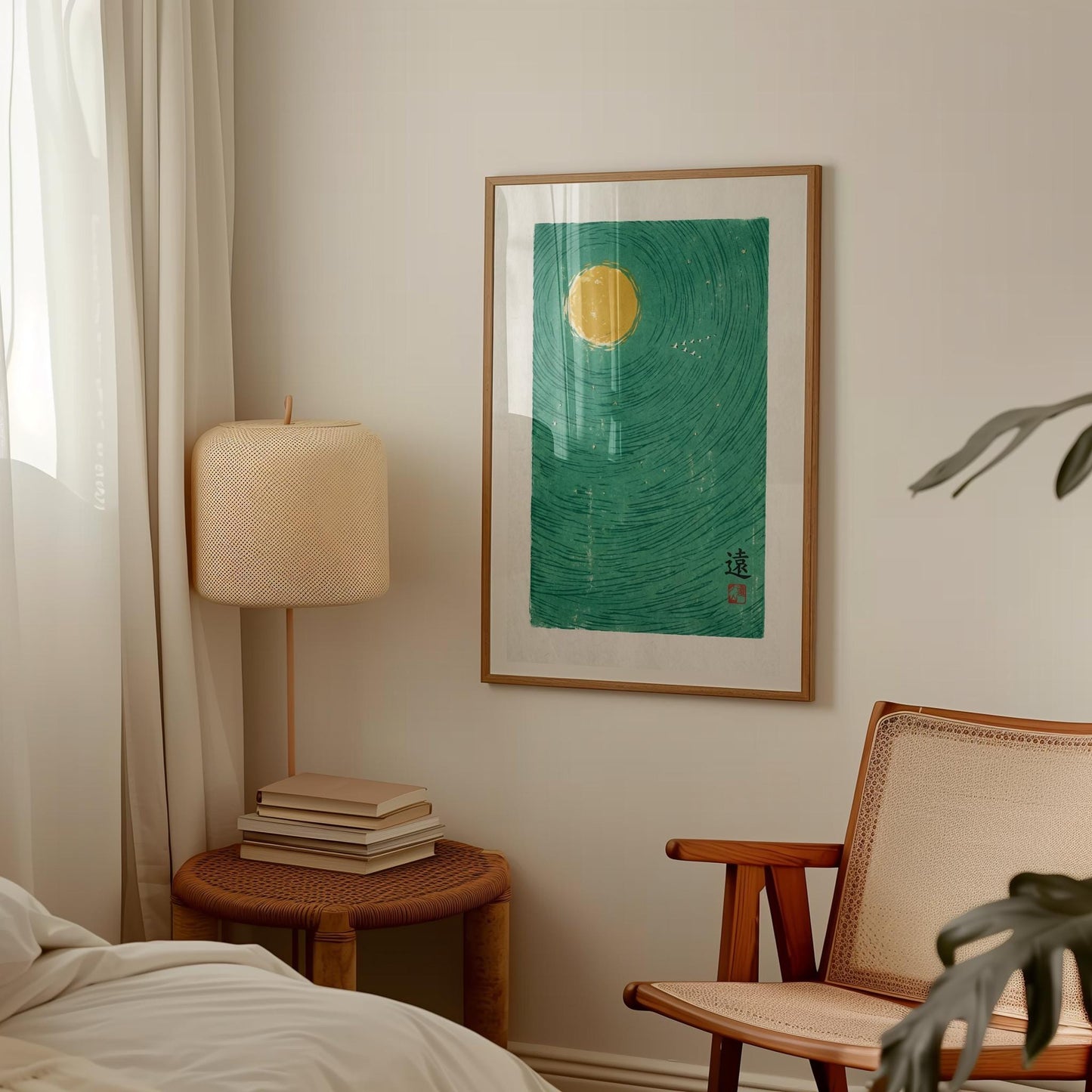Teal Moon Art Print – Minimalist Japanese Poster with Birds and Zen Decor