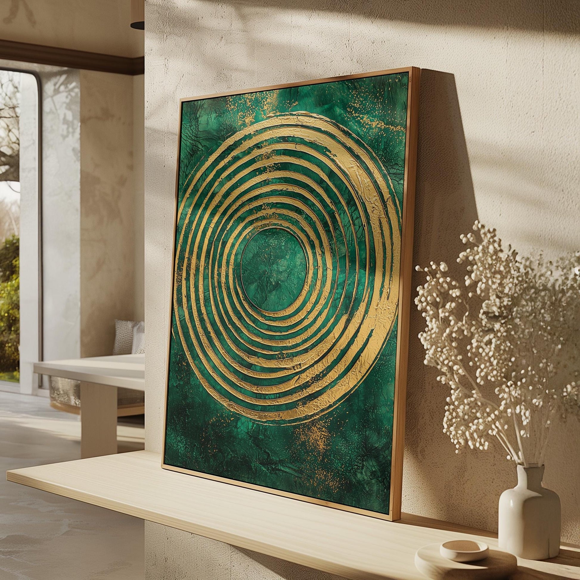 Emerald Gold Spiral Canvas Art, Abstract Textured Painting, Modern Giclée Wall Art for Living Room or Office, Luxury Home Decor