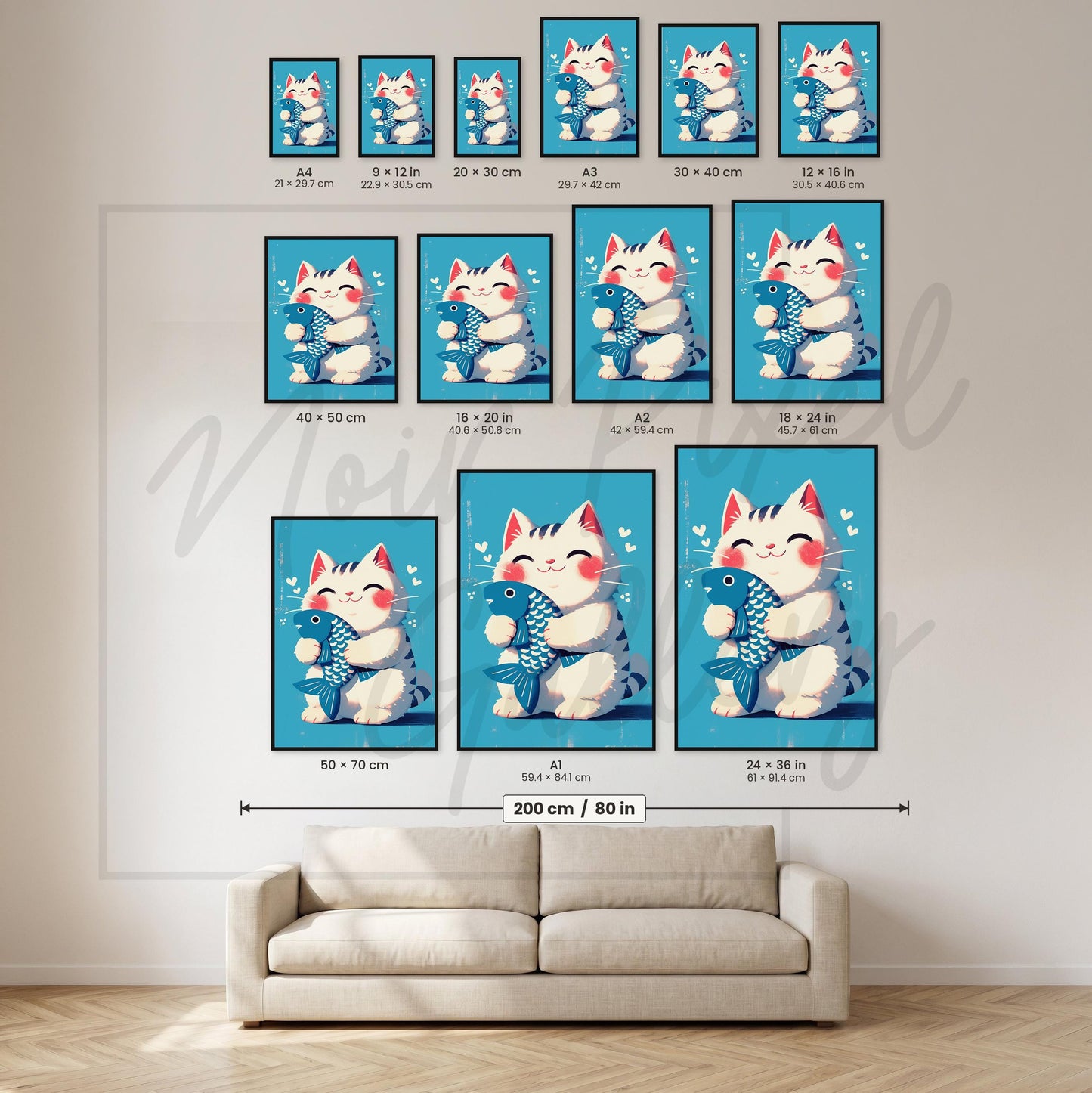 Maneki Neko Print – Japanese Lucky Cat Art With Blue Fish For Nursery Decor