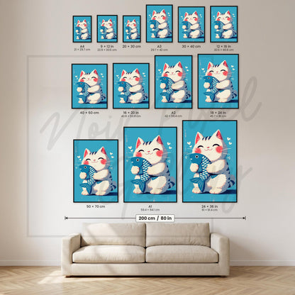 Maneki Neko Print – Japanese Lucky Cat Art With Blue Fish For Nursery Decor