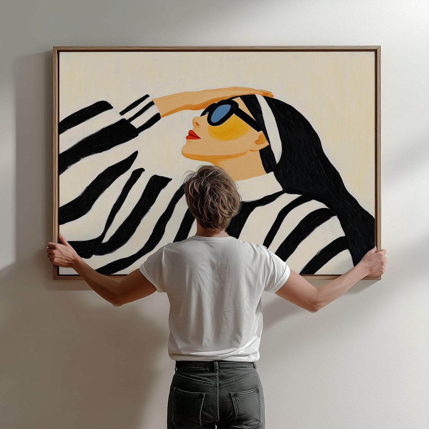 Stylish Woman in Striped Sweater Giclée Canvas Print Modern Fashion Wall Art for Living Room or Bedroom