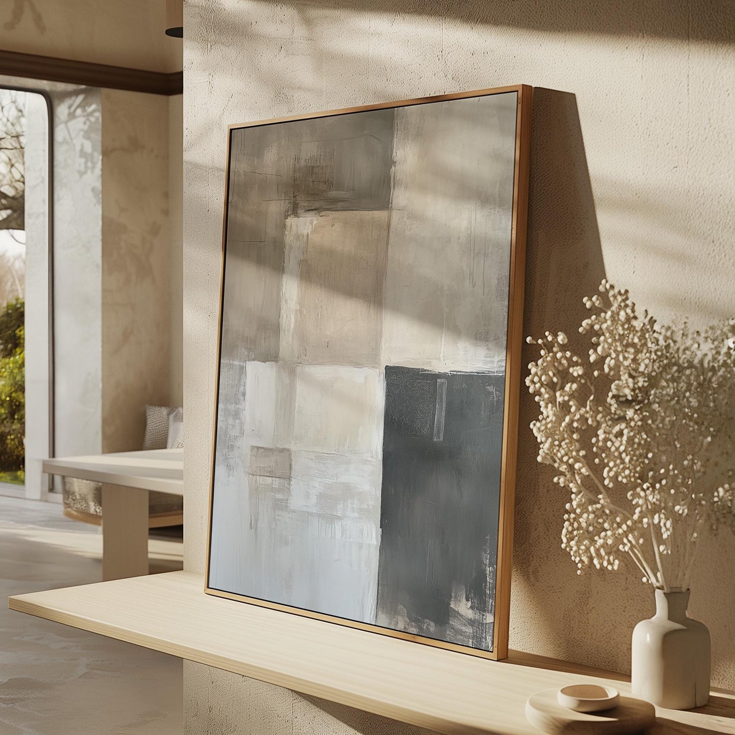 Abstract Canvas Art | Beige Gray Modern Wall Decor With Floating Frame