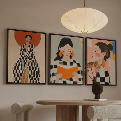 Modern Figurative Canvas Wall Art Set of 3 Women Portrait Prints Bold Checkered Fashion Illustrations for Living Room or Bedroom