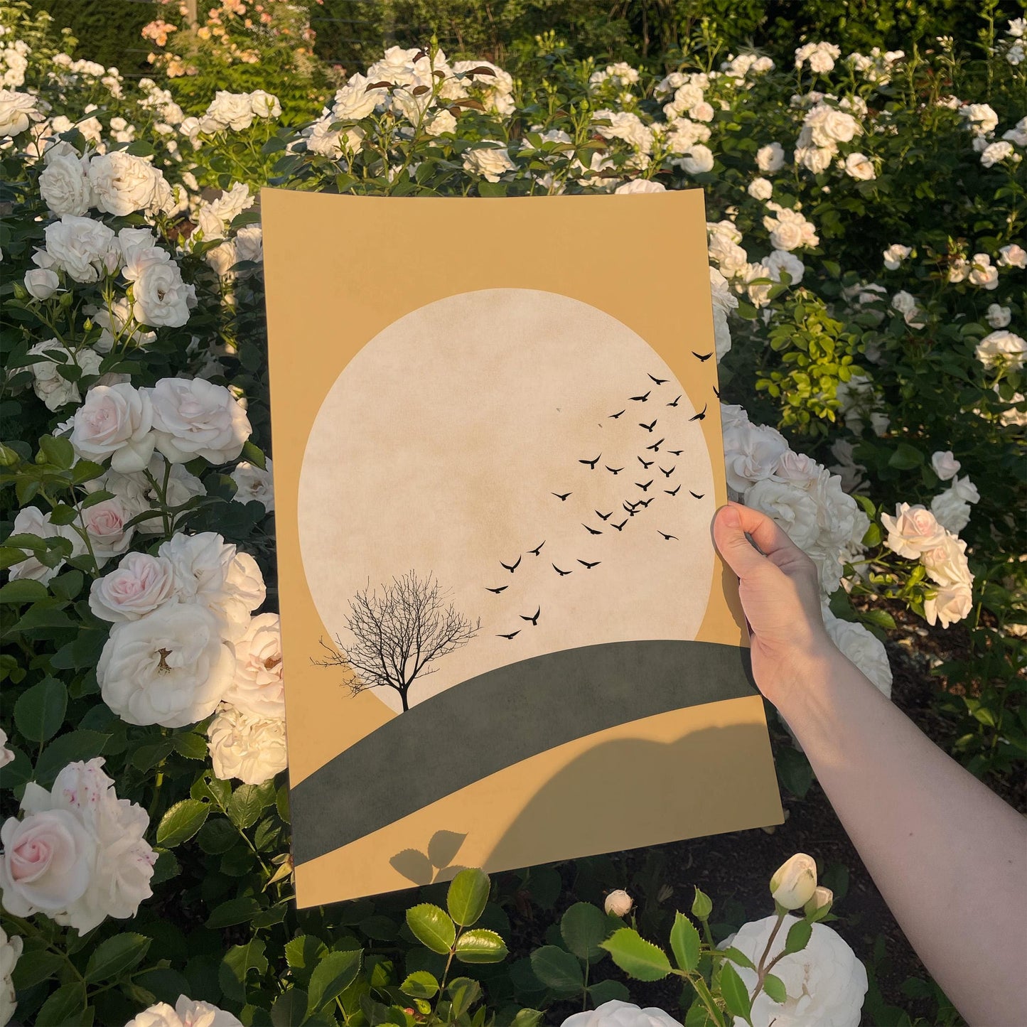 Japandi Wall Art | Yellow Sun Artwork With Flying Birds Canvas - Minimalist Decor