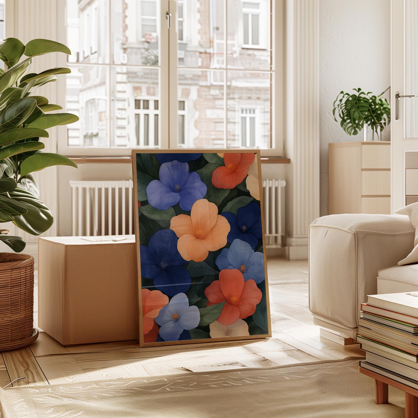 Botanical Wall Art – Tropical Floral Print With Blue Coral Hibiscus Flowers