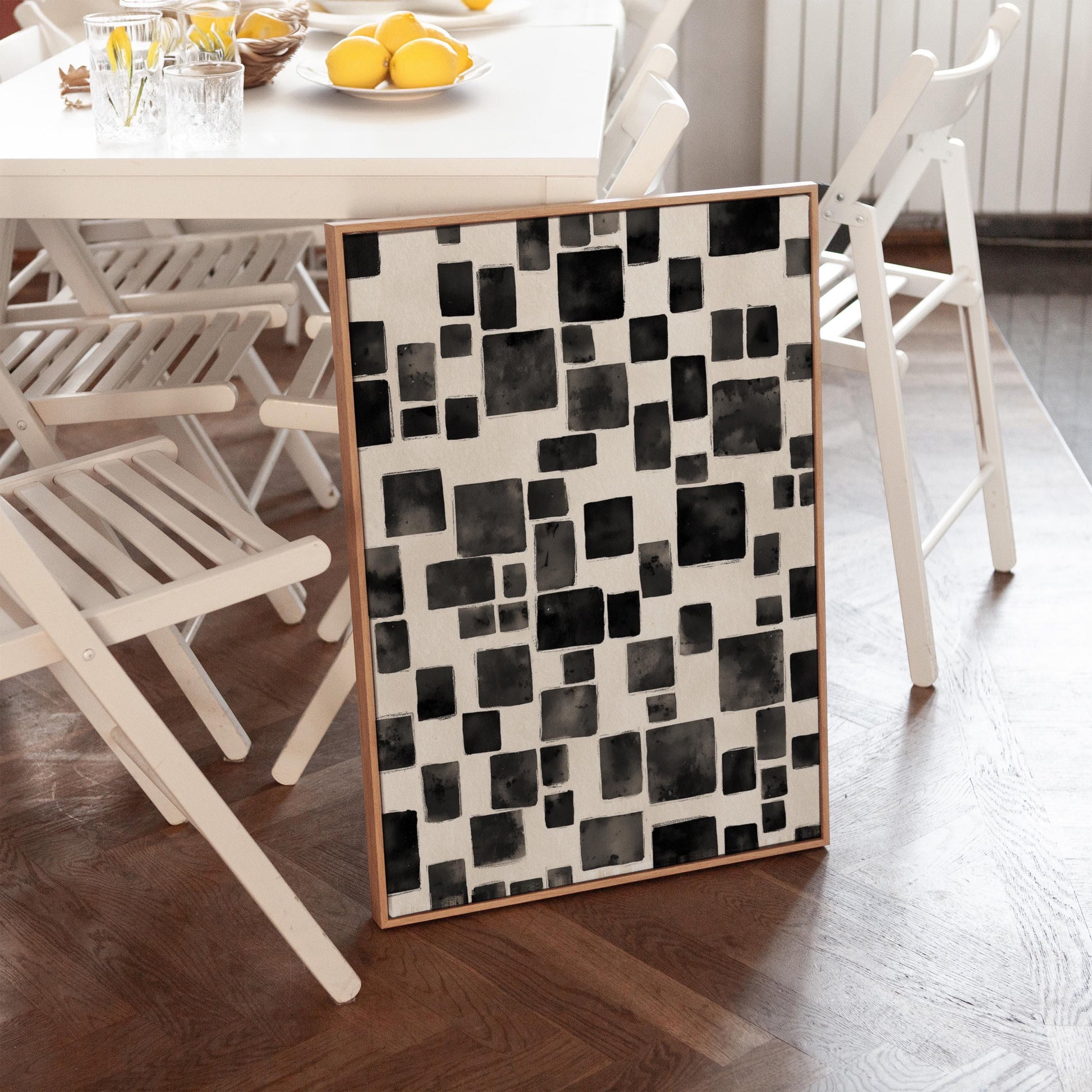 Modern Black Abstract Squares Canvas Art, Minimalist Geometric Wall Art Print, Contemporary Giclée for Living Room or Office Decor