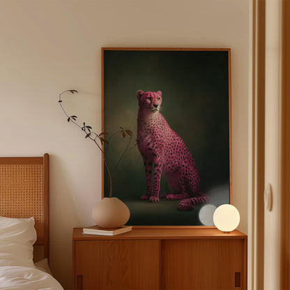 Pink Cheetah Emerald Green Art Print Contemporary Animal Artwork for Modern Maximalist Home Dark Green Framed Wall Art