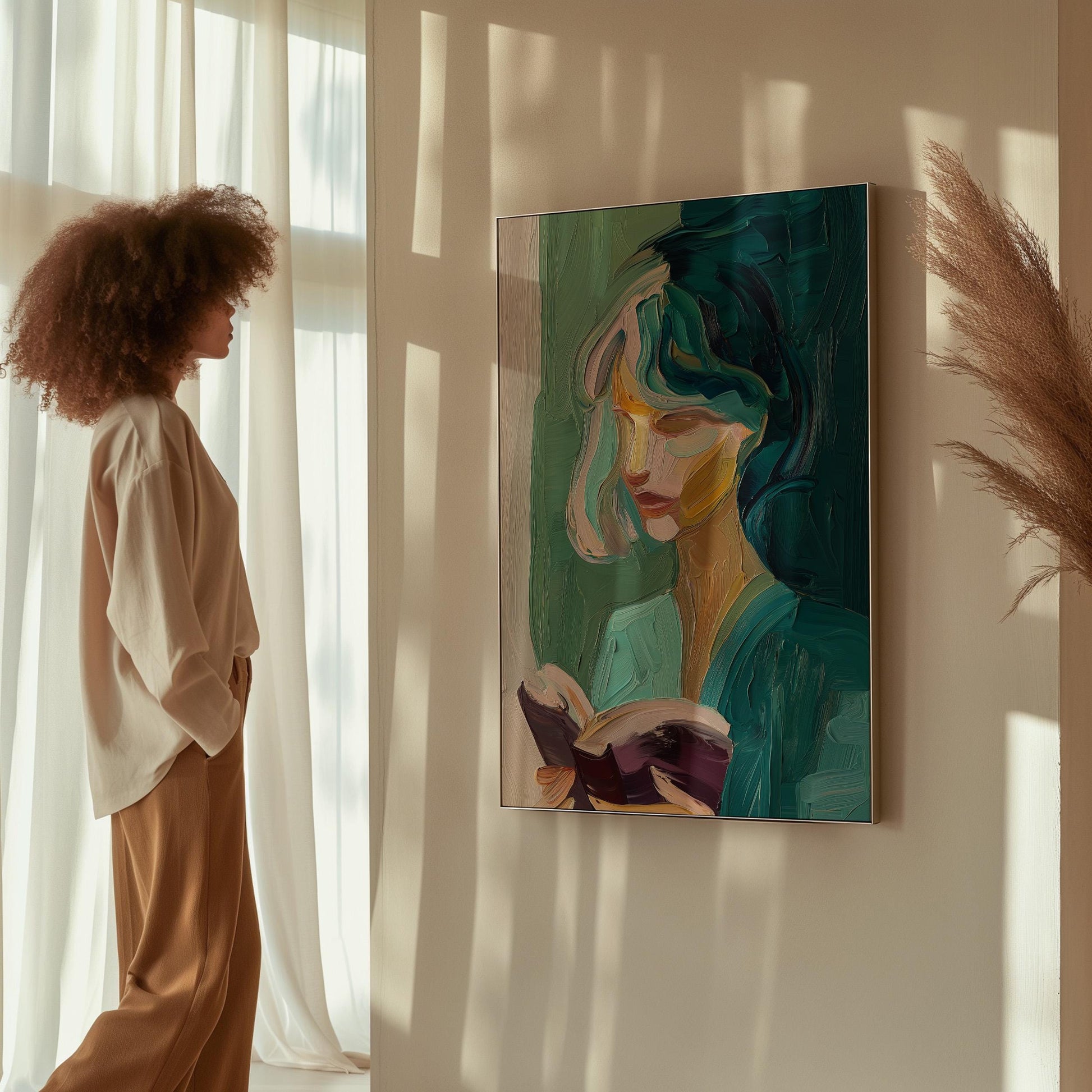 Abstract Figurative Canvas Wall Art – Modern Portrait of Woman Reading Giclée Print with Floating Frame