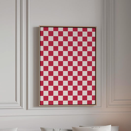 Checkered Canvas Art: Minimalist Ruby and White Giclée Print