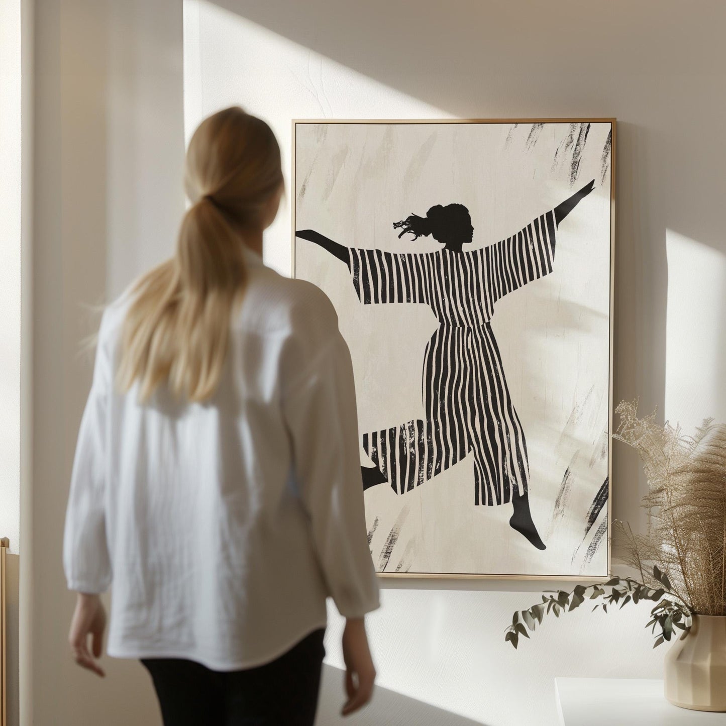 Figurative Canvas Wall Art Woman Jumping in Black and White Striped Outfit Modern Framed Painting