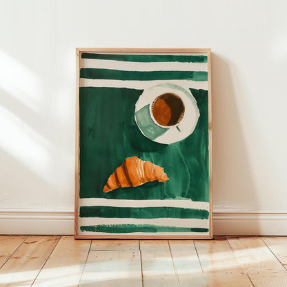 Coffee and Croissant Poster - Cozy Kitchen Wall Art With Emerald Green Stripes