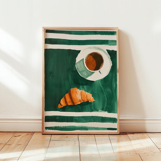 Coffee and Croissant Poster - Cozy Kitchen Wall Art With Emerald Green Stripes