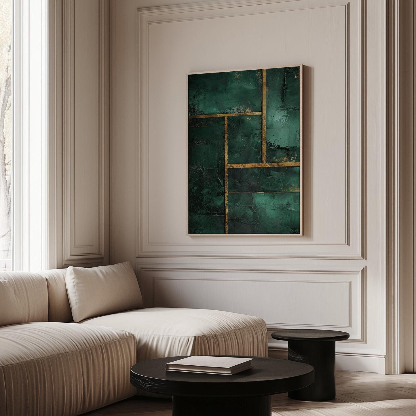 Emerald Green and Gold Geometric Giclée Canvas Print, Modern Abstract Textured Wall Art for Living Room or Office