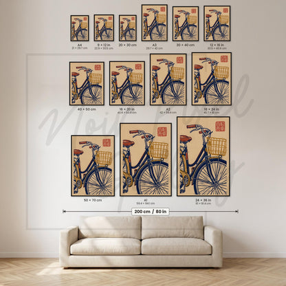 Retro Bicycle Print – Vintage Bike Art on Kraft Paper | Japanese Woodblock Style