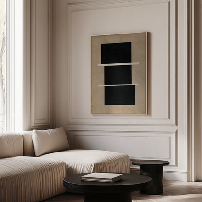 a modern living room with a large window, a white sofa, a black coffee table, and a framed abstract artwork on the wall.