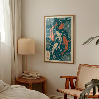 Koi Fish Art Print – Japanese Woodblock Print with Teal Orange Artwork
