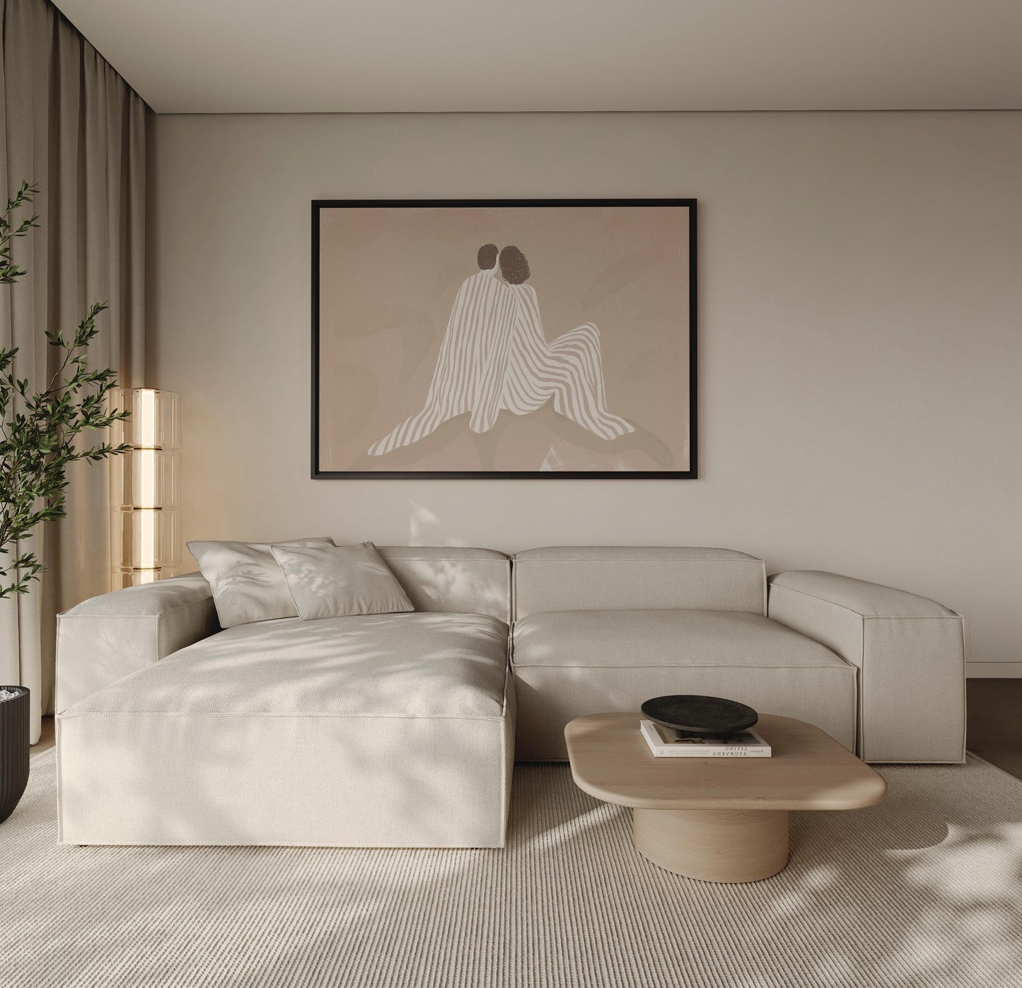 Giclée Canvas Print Beige Couple Embrace Line Art Minimalist Neutral Wall Decor for Bedroom or Living Room Modern Abstract Romance
