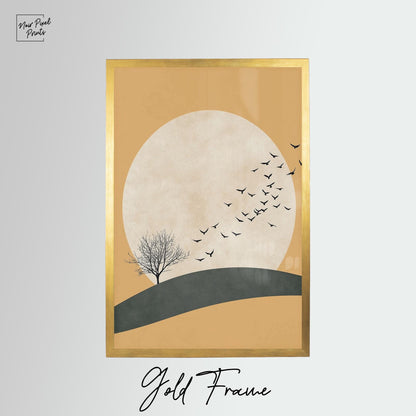 Japandi Wall Art | Yellow Sun Artwork With Flying Birds Canvas - Minimalist Decor