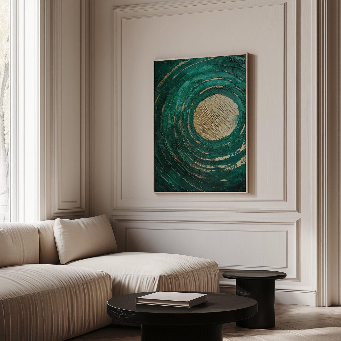Emerald Green Textured Circle Giclée Canvas Print Modern Abstract Wall Art for Living Room or Bedroom
