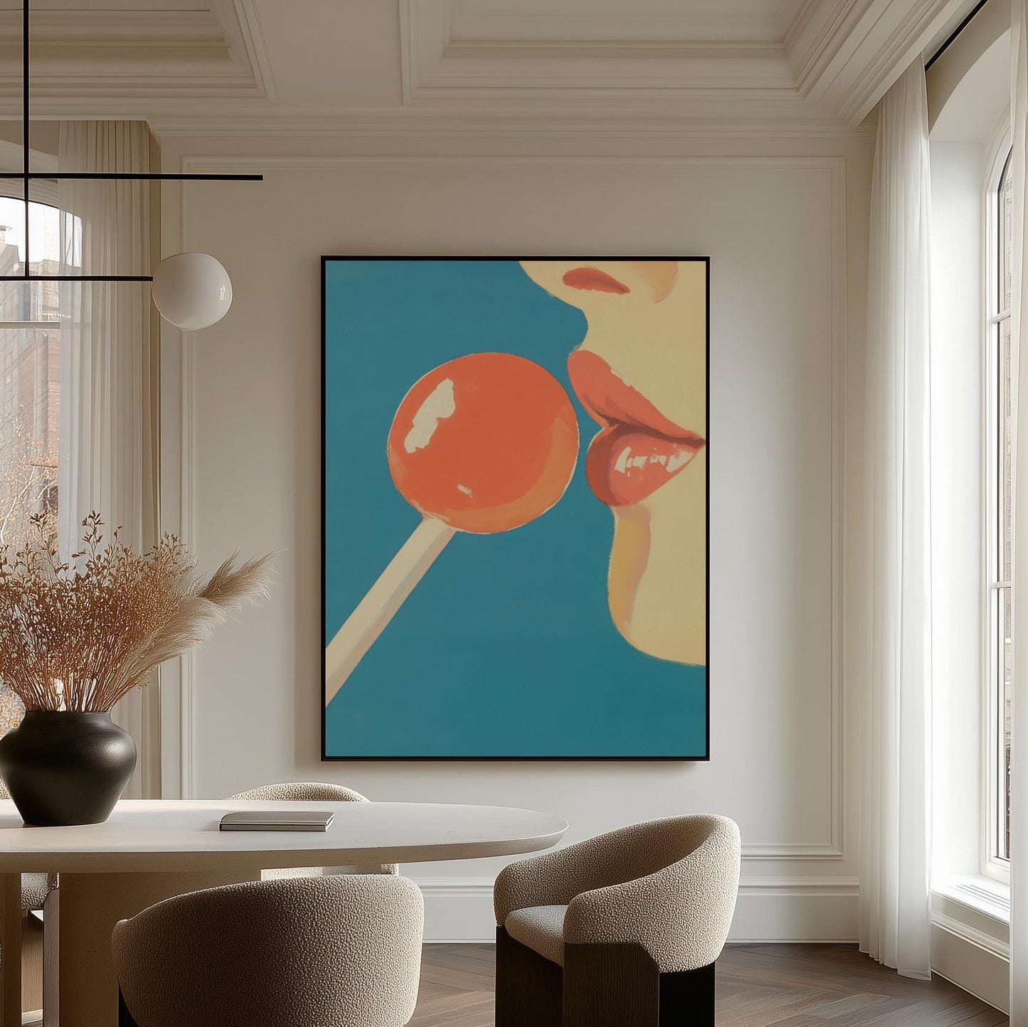 Pop Art Canvas Wall Art Red Lollipop and Lips on Blue Background Modern Figurative Framed Painting