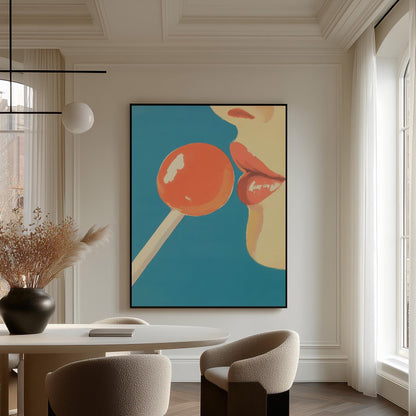 Pop Art Canvas Wall Art Red Lollipop and Lips on Blue Background Modern Figurative Framed Painting