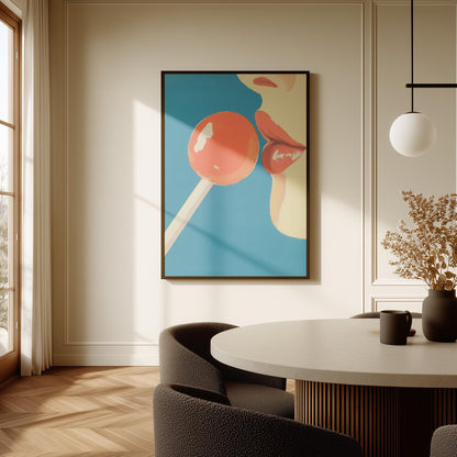 Pop Art Canvas Wall Art Red Lollipop and Lips on Blue Background Modern Figurative Framed Painting