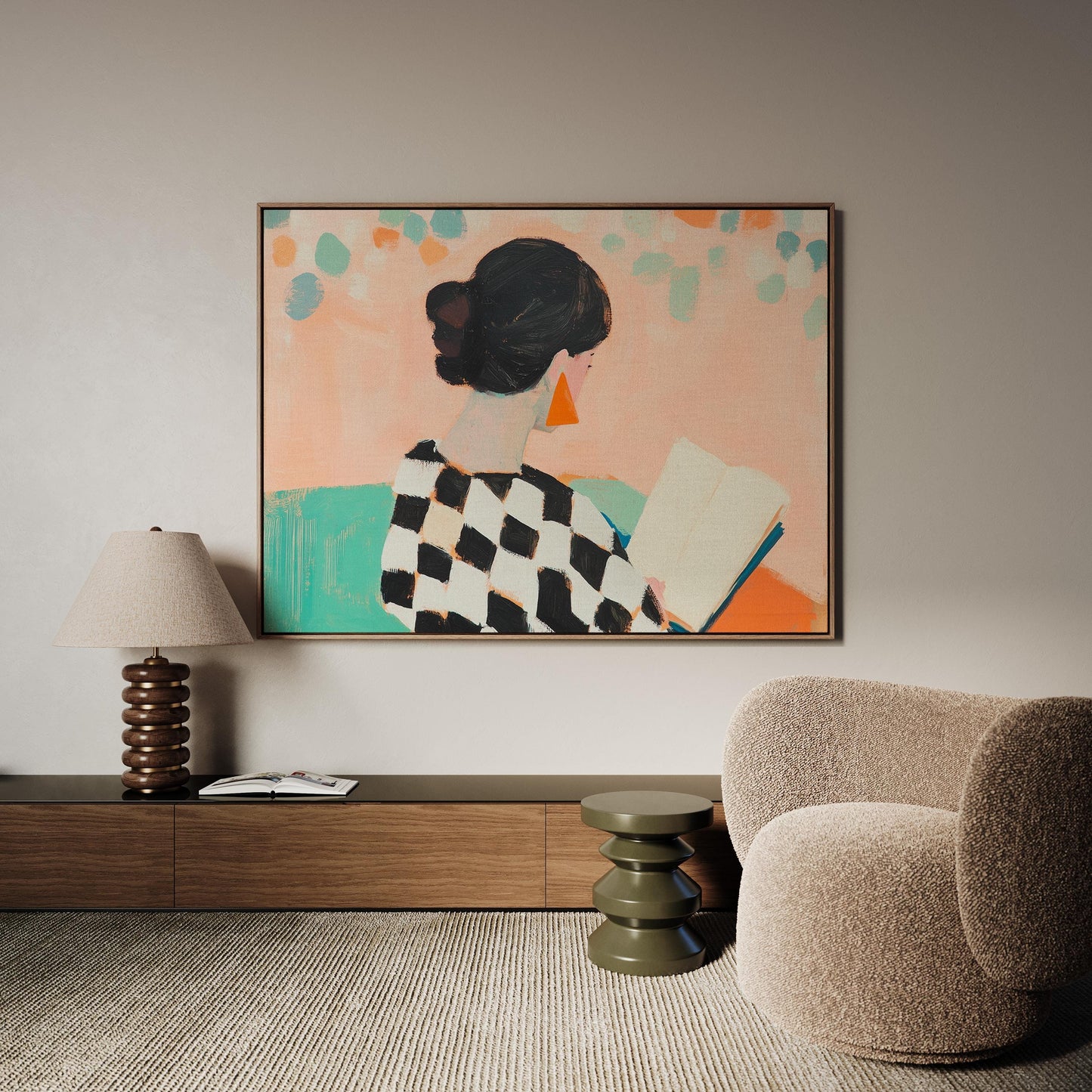 Woman Reading Canvas Art - Modern Geometric Art With Vibrant Color Painting