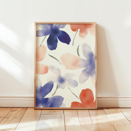 Floral Watercolor Poster – Soft Botanical Art With Blue Coral Wall Decor