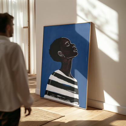 Modern Woman Wall Art Blue Canvas Print Abstract Minimalist Black White Stripes Large Living Room Bedroom Decor