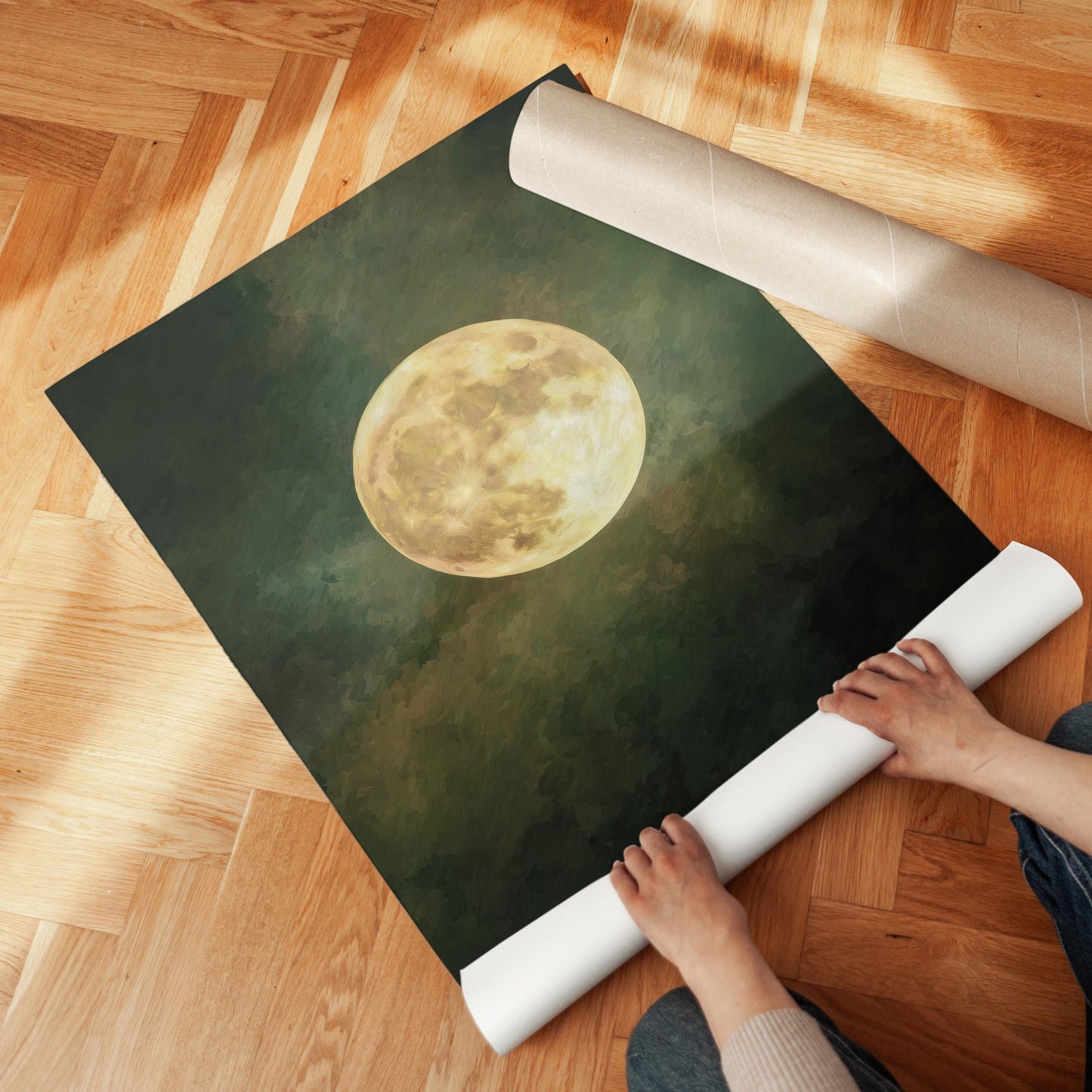Emerald Green Moon Art | Minimalist Wall Art with Golden Circle Print - Gallery Style Canvas