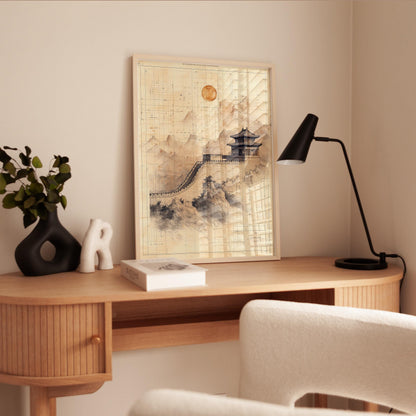 Vintage Wall Poster – Sepia Mountain Print With Asian Pagoda Art & Nostalgic Tones