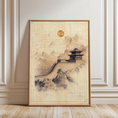 Vintage Wall Poster – Sepia Mountain Print With Asian Pagoda Art & Nostalgic Tones