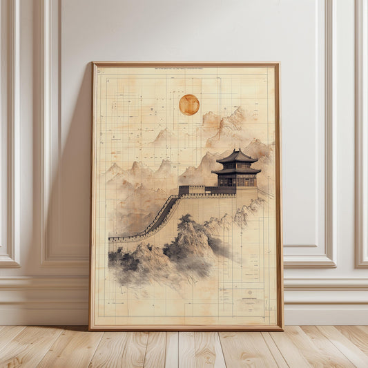 Vintage Wall Poster – Sepia Mountain Print With Asian Pagoda Art & Nostalgic Tones
