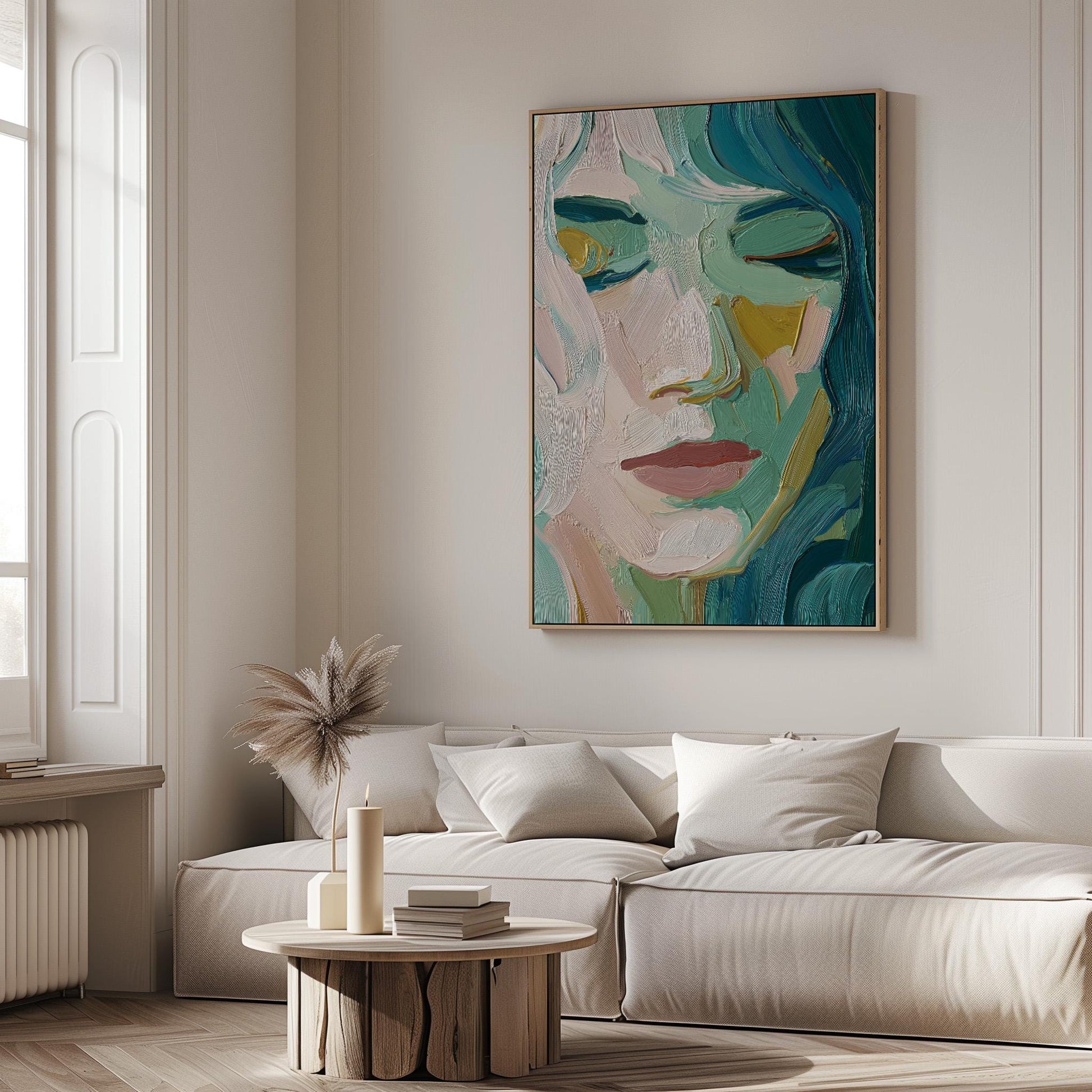 Green and Yellow Woman Face Portrait Textured Canvas Wall Art with Floating Frame