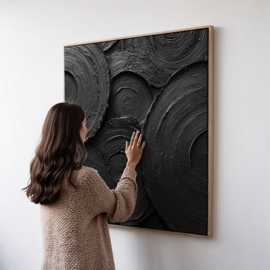 Black Textured Canvas Wall Art: Large Square Abstract Circles Painting, Modern Minimalist Framed Artwork for Living Room