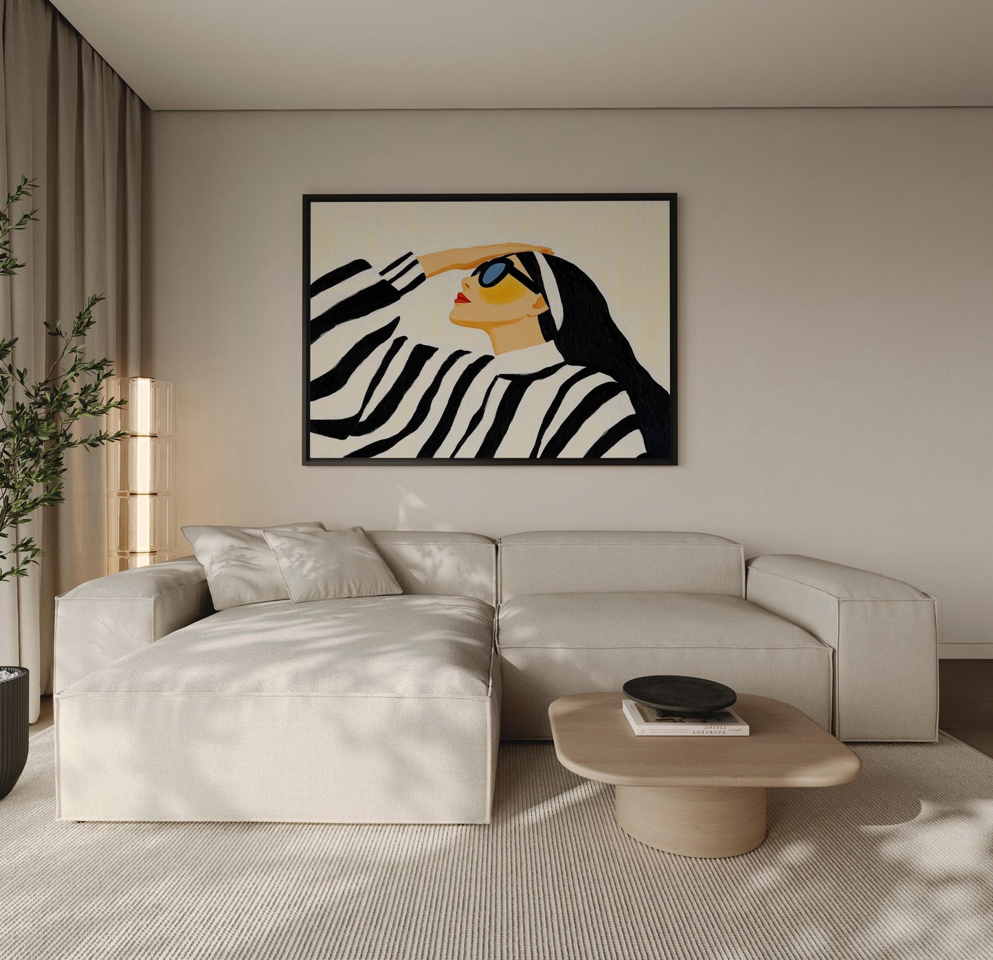 Stylish Woman in Striped Sweater Giclée Canvas Print Modern Fashion Wall Art for Living Room or Bedroom