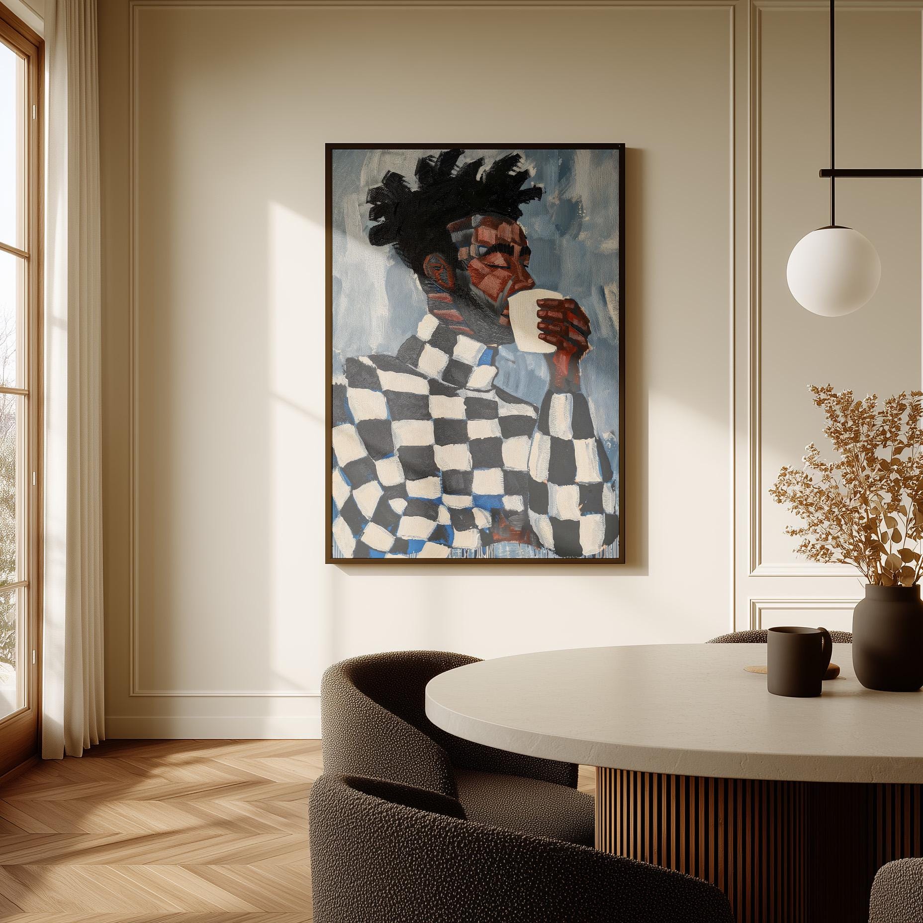 Modern Portrait of Man with Coffee Cup Abstract Wall Art Canvas Print Contemporary Artwork for Living Room Dining Room Office