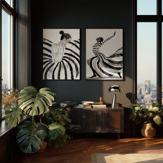 Dance Canvas Prints - Black and White Abstract Figurative Art Set with Floating Wood Frame