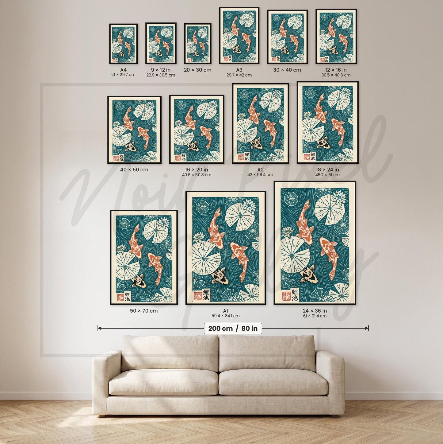 Japanese Koi Fish Print Linocut Poster – Lotus Pond Art with Vibrant Colors