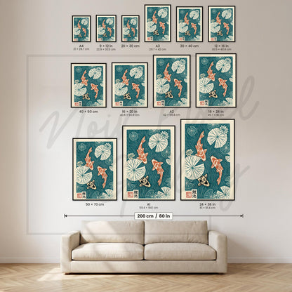 Japanese Koi Fish Print Linocut Poster – Lotus Pond Art with Vibrant Colors