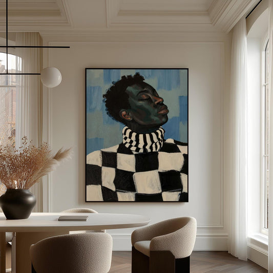 Figurative Canvas Wall Art Portrait of Man in Black and White Checkered Sweater with Blue Background