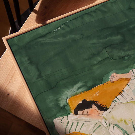 Green and Yellow Figurative Canvas Wall Art with Floating Frame Relaxing Modern Painting for Living Room Decor