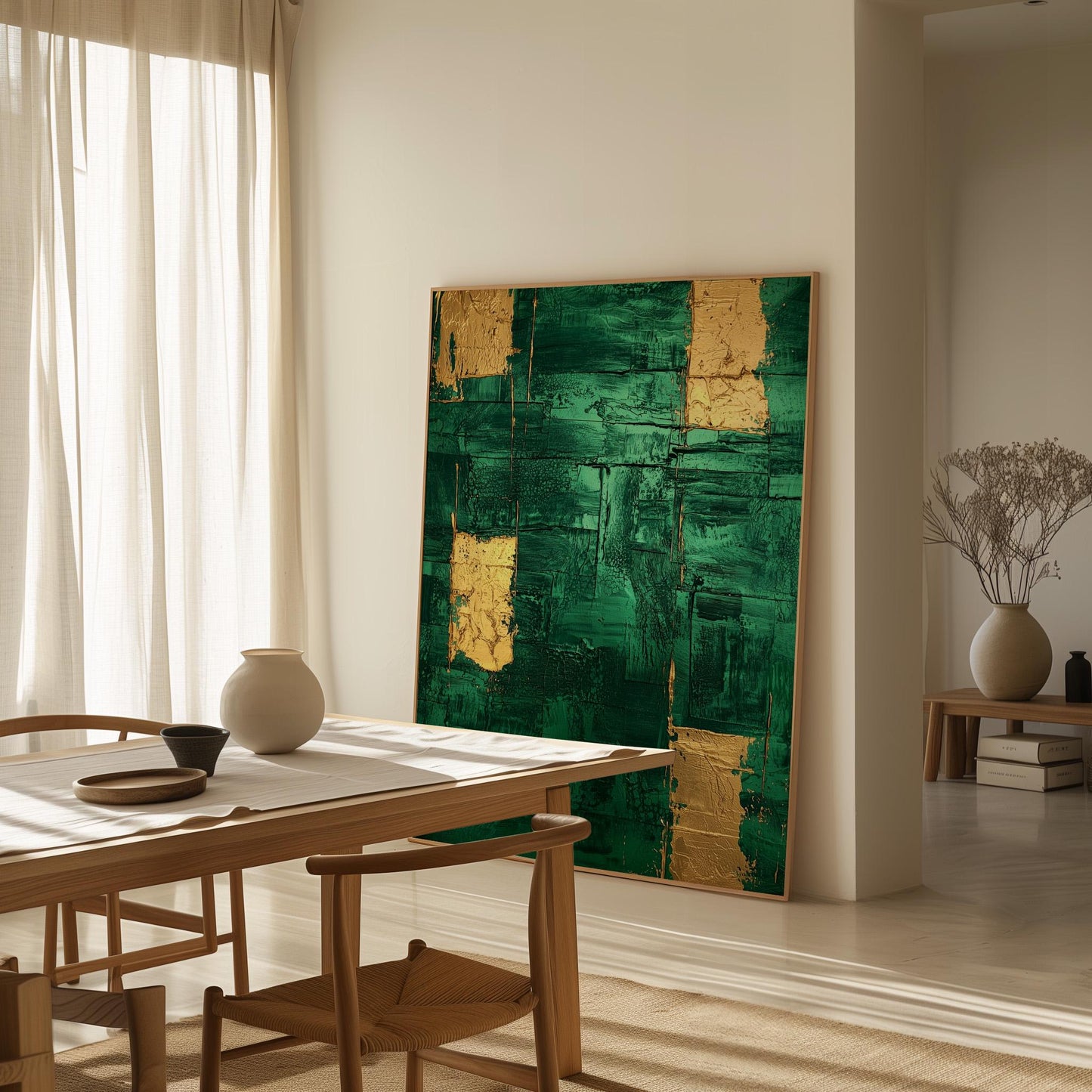Emerald Green and Gold Textured Giclée Canvas Print Modern Abstract Wall Art for Office or Bedroom